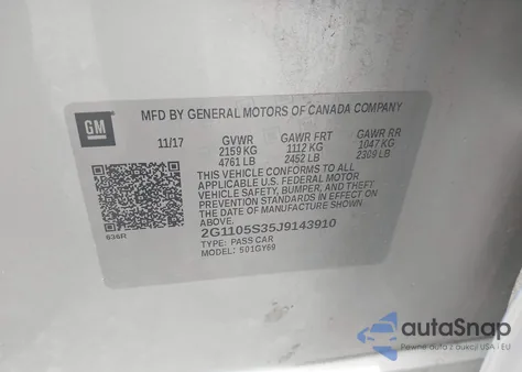 2018 Chevrolet Impala 1Lt z USA, uszkodzony, nr VIN 2G1105S35J9143910